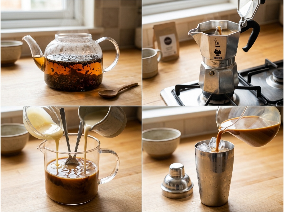 Four-panel kitchen process collage illustrating steeping Ceylon tea, extracting espresso, stirring evaporated milk, and shaking over ice