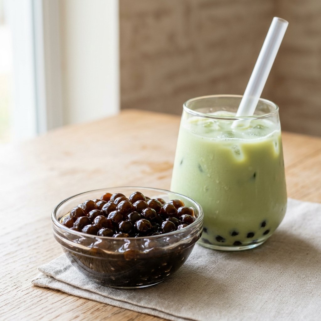 Cooked boba pearls coated in sugar syrup for honeydew tea