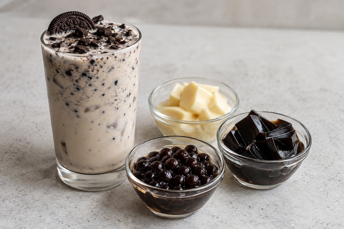 Cookies and cream milk tea beside brown sugar boba, egg pudding and grass jelly