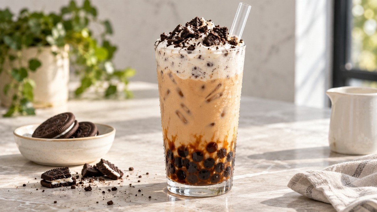 Cookies and cream milk tea with brown sugar tapioca pearls and coarse chocolate cookie crumbs