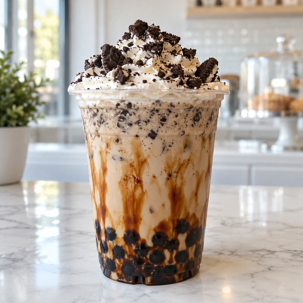 Square view of Oreo cookies and cream bubble tea with dark chocolate drizzle