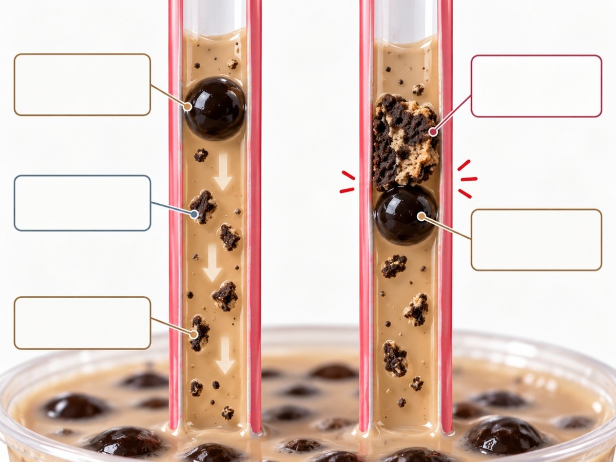 Diagram comparing a wide boba straw, tapioca pearl and coarse cookie crumbs