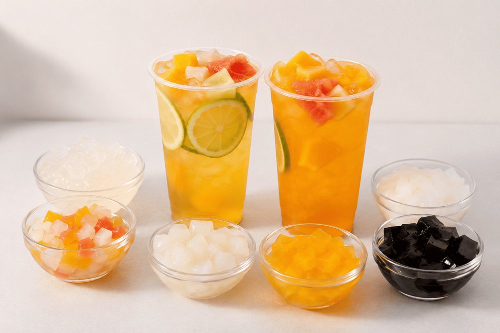 Crystal boba and fruit jelly toppings for bubble tea.