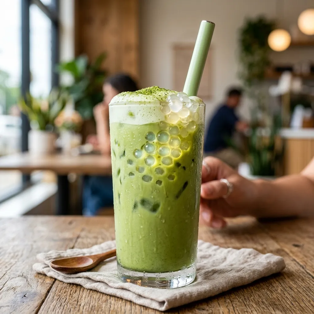 Delicious iced green tea with translucent crystal boba topping