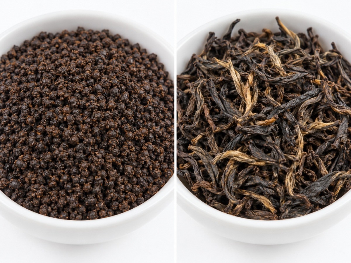 Close-up comparison of CTC Assam tea pellets on the left versus Orthodox whole twisted tea leaves on the right