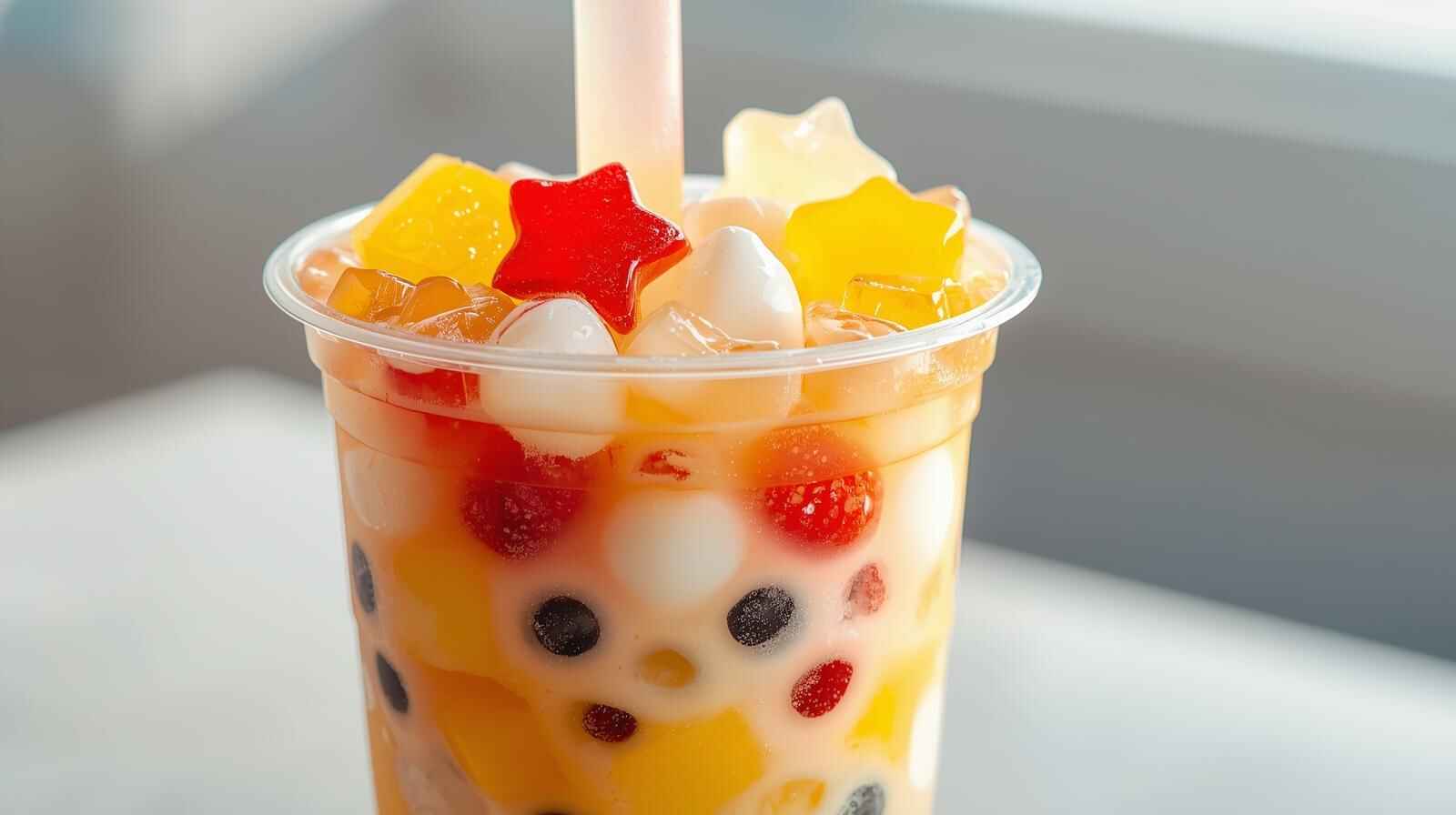 Colorful jelly boba cubes in multiple flavors arranged on marble surface with bubble tea drink and various jelly types for homemade recipe