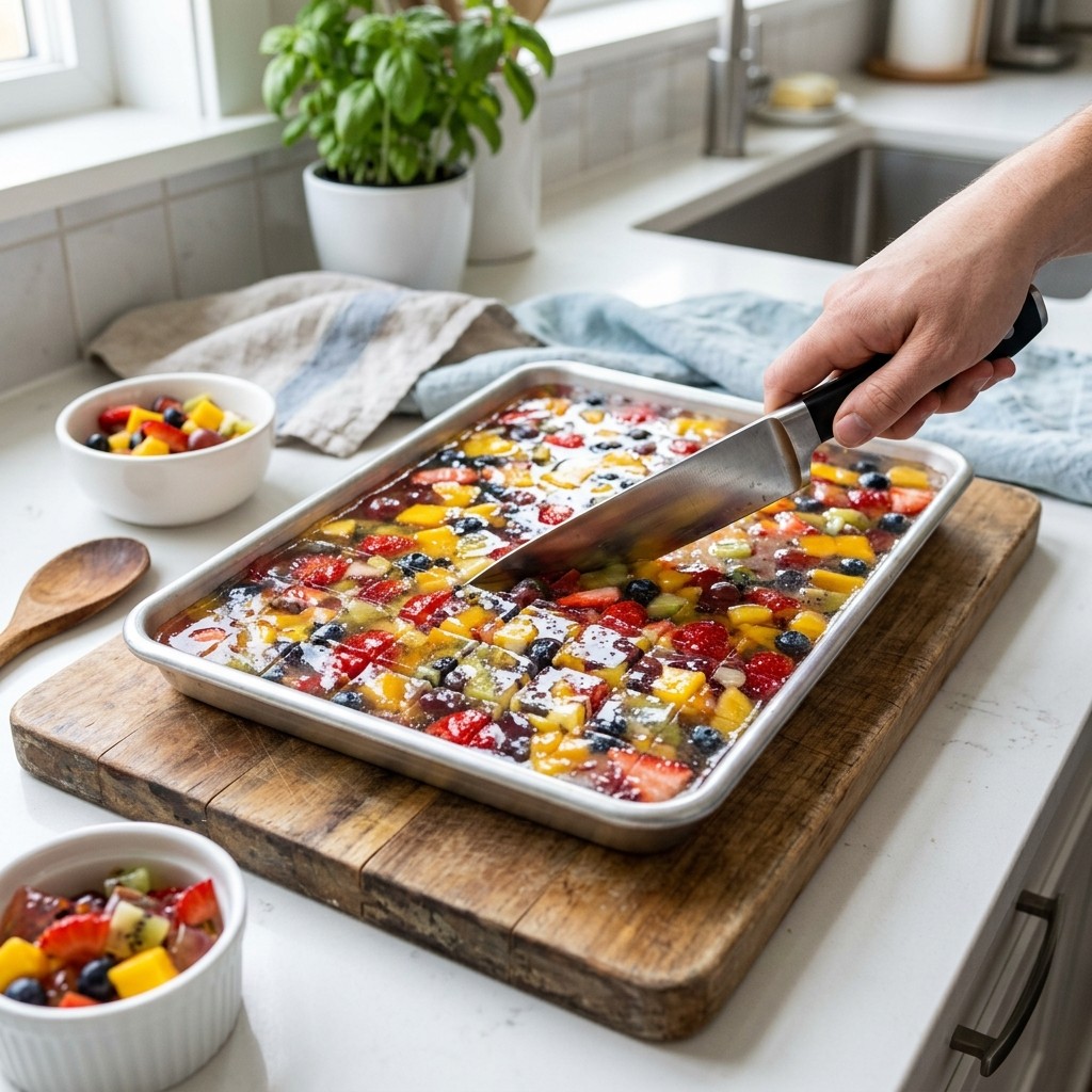Set fruit jelly being cut into small cubes for bubble tea