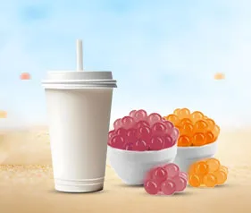 Bubble tea cup with colorful popping boba on a tropical beach background.
