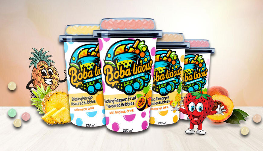 Bobalicious 250ml bubble tea cups featuring popping fruit bubbles in mango, passion fruit, pineapple, and tropical flavours.