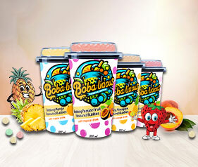 Bobalicious 250ml bubble tea cups featuring popping fruit bubbles in mango, passion fruit, pineapple, and tropical flavours.