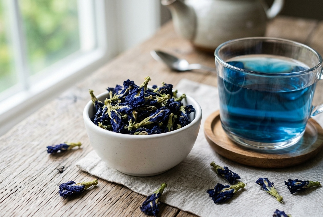 Dried whole butterfly pea flowers beside a clear glass cup of naturally blue herbal tea infusion