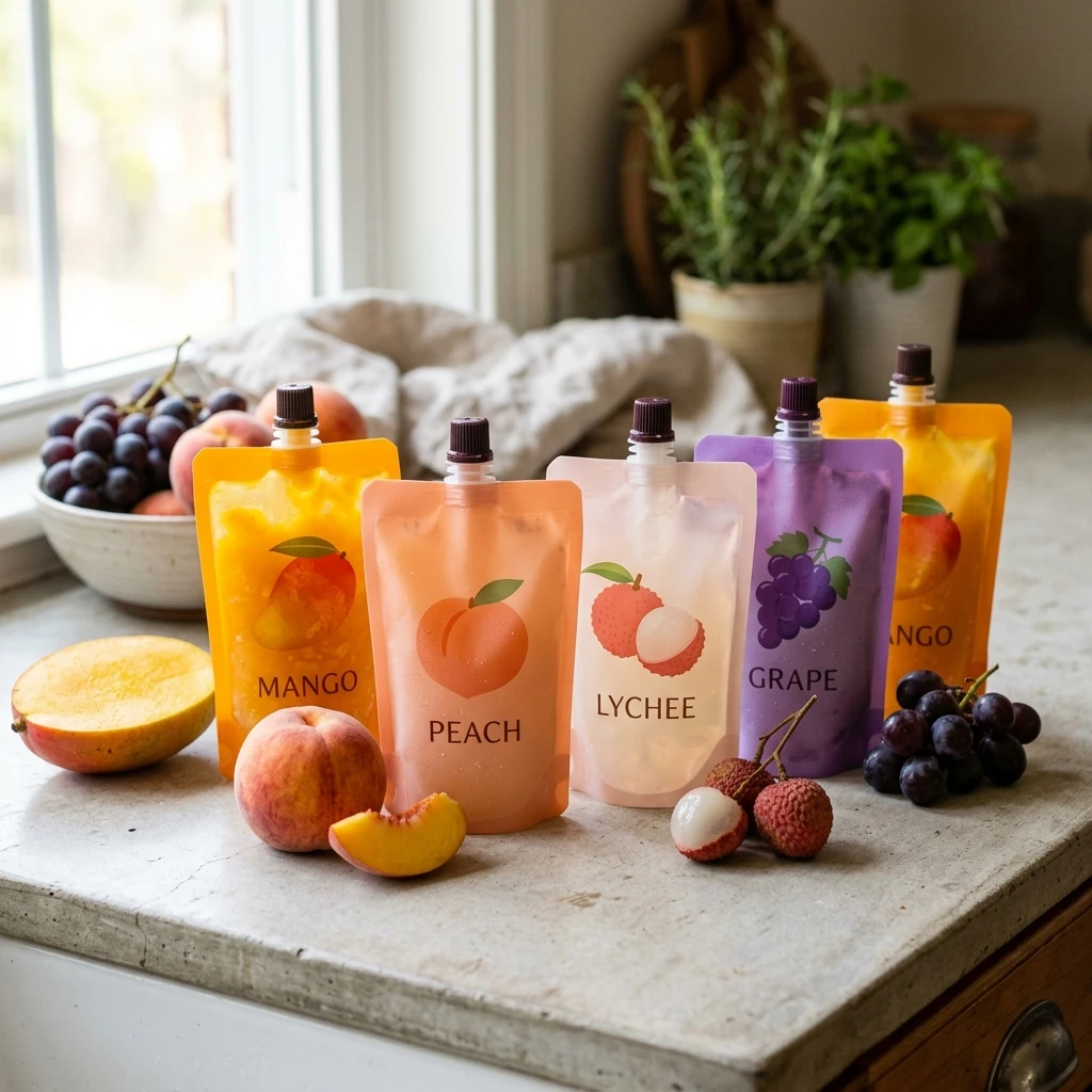 Fruity drinkable konjac jelly pouches in multiple flavours