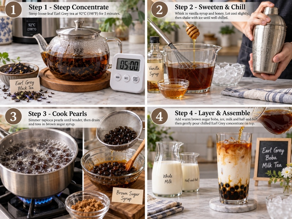 Four-panel culinary recipe process guide for making Earl Grey boba milk tea: step 1 tea steeping, step 2 sweetening and shaking, step 3 boba cooking, and step 4 layered milk tea assembly