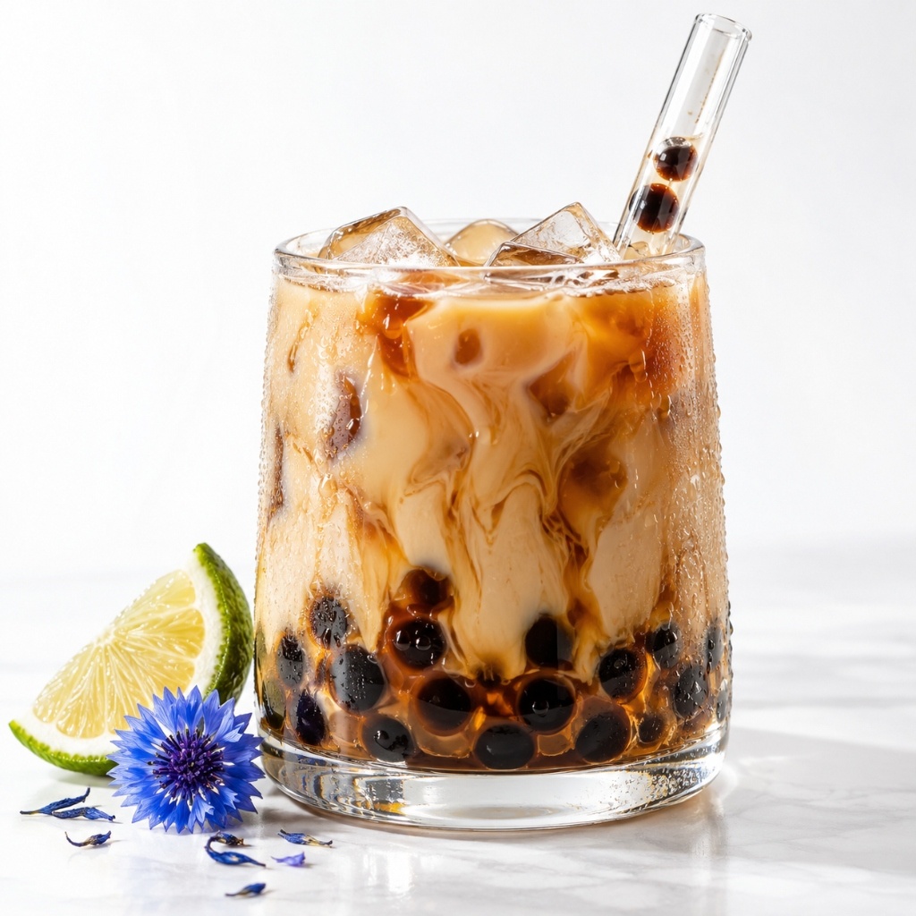 Square Earl Grey bubble tea with chewy tapioca pearls