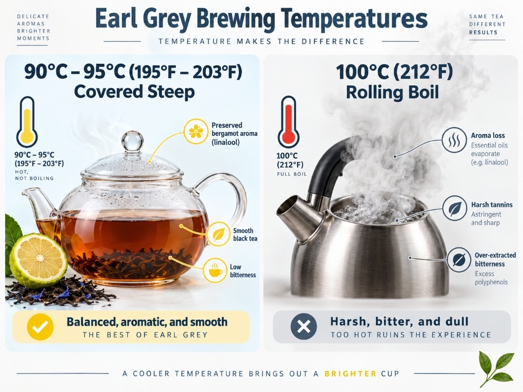 Earl Grey tea brewing temperature comparison guide: 90-95C covered steep vs 100C rolling boil