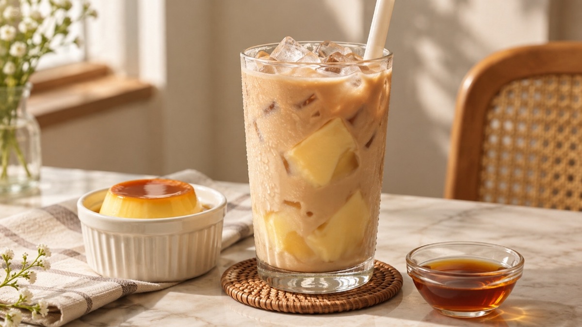 Egg pudding boba with caramel custard and milk tea.