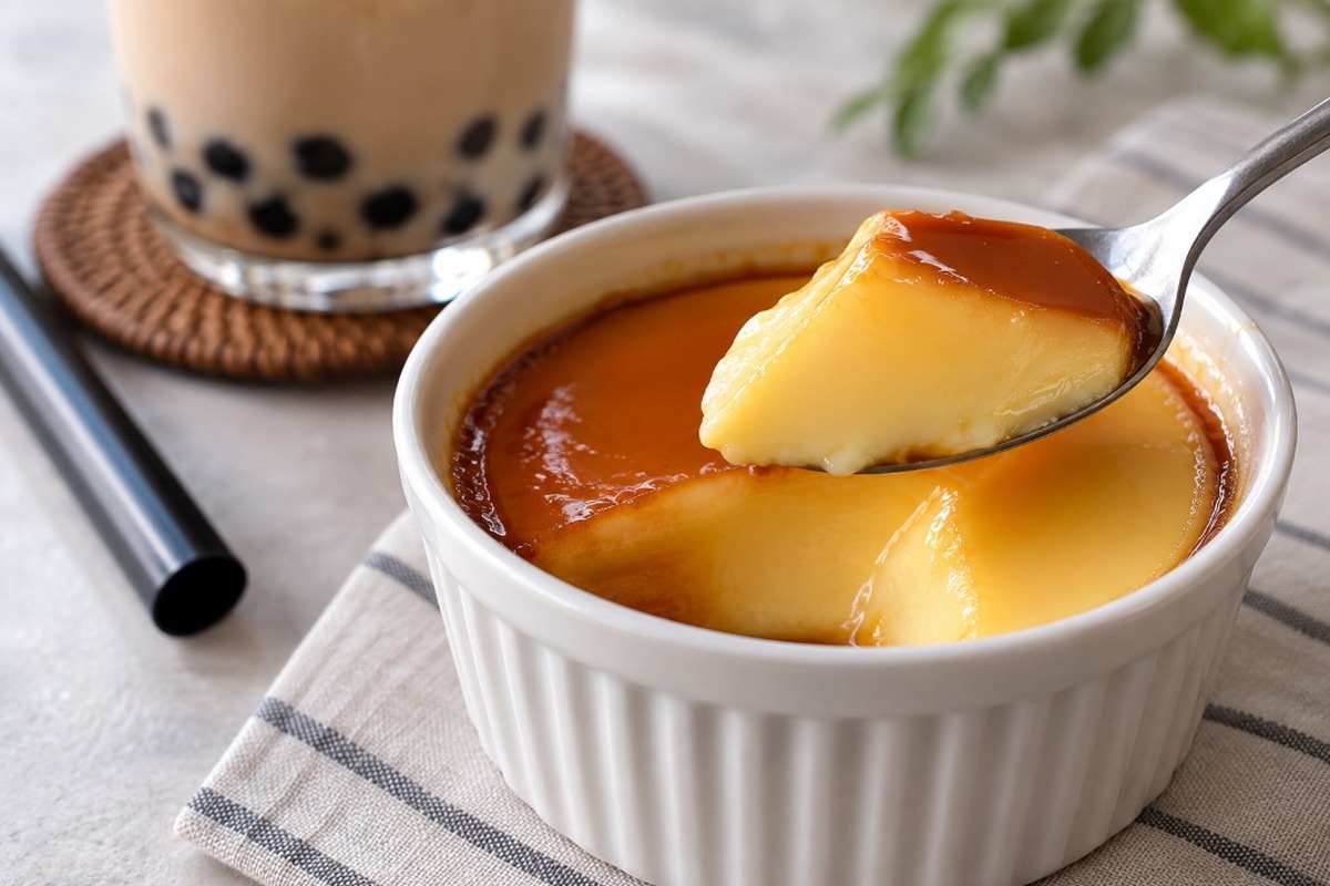 Spoon showing the soft texture of egg pudding for boba