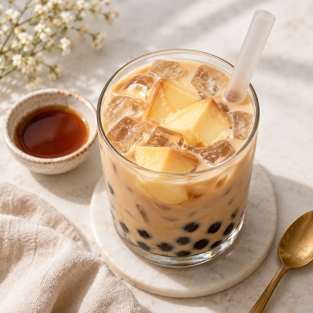 Egg pudding boba topping in a spoon above milk tea