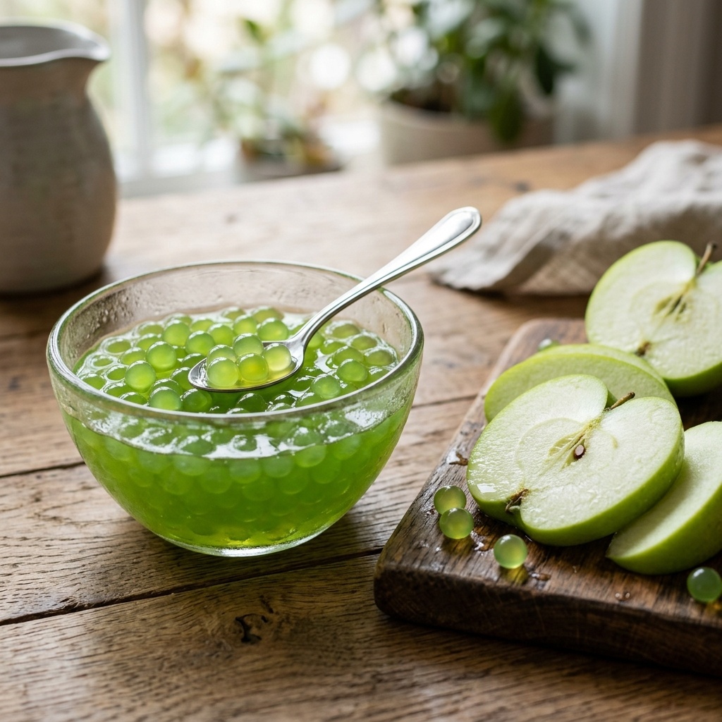 Fresh Granny Smith apple puree being strained for green apple boba.