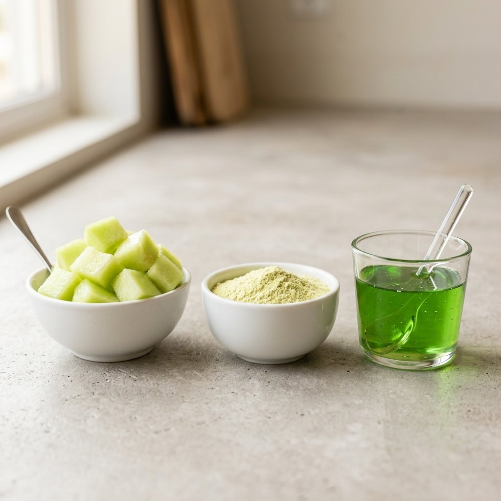 Fresh honeydew melon beside honeydew powder and honeydew syrup