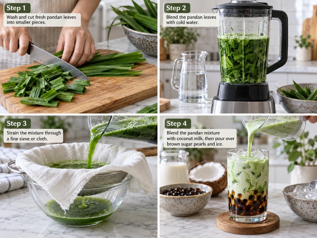 Four-step culinary method for making homemade pandan boba: snipping leaves, blending with cold water, straining juice, and mixing with coconut milk over boba