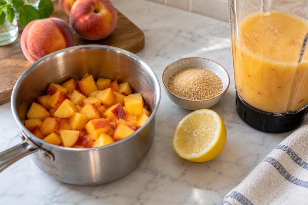 Fresh peach puree being prepared for peach boba tea