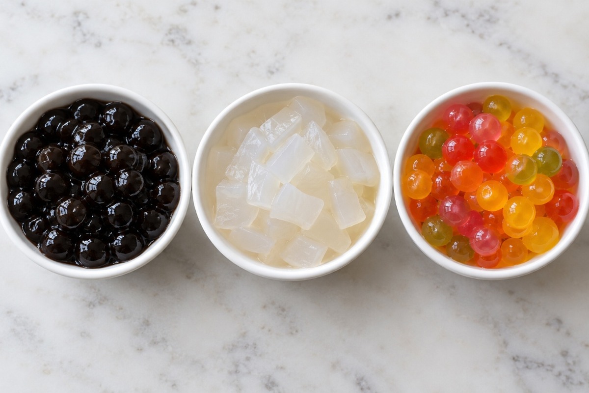 Fresh tapioca pearls compared with konjac and popping boba