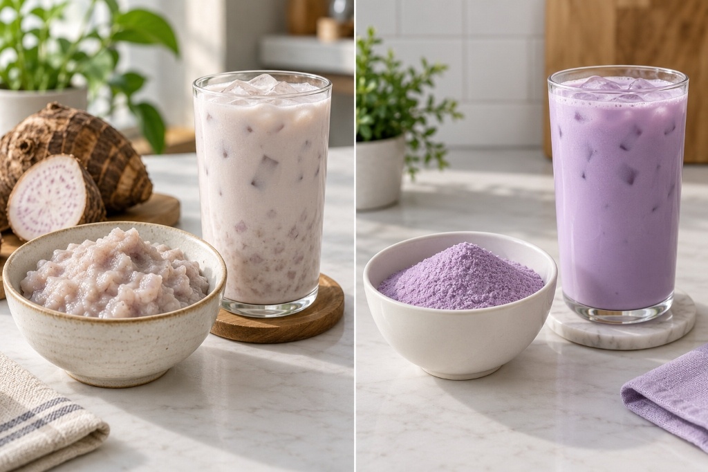 Fresh pale taro paste beside purple taro premix powder and finished drinks