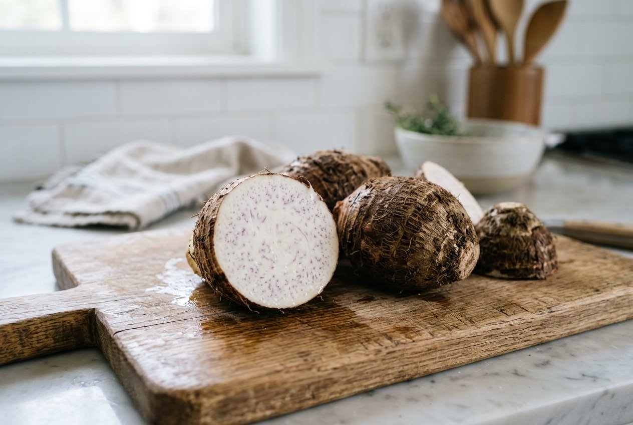 Fresh taro root cut open on a board
