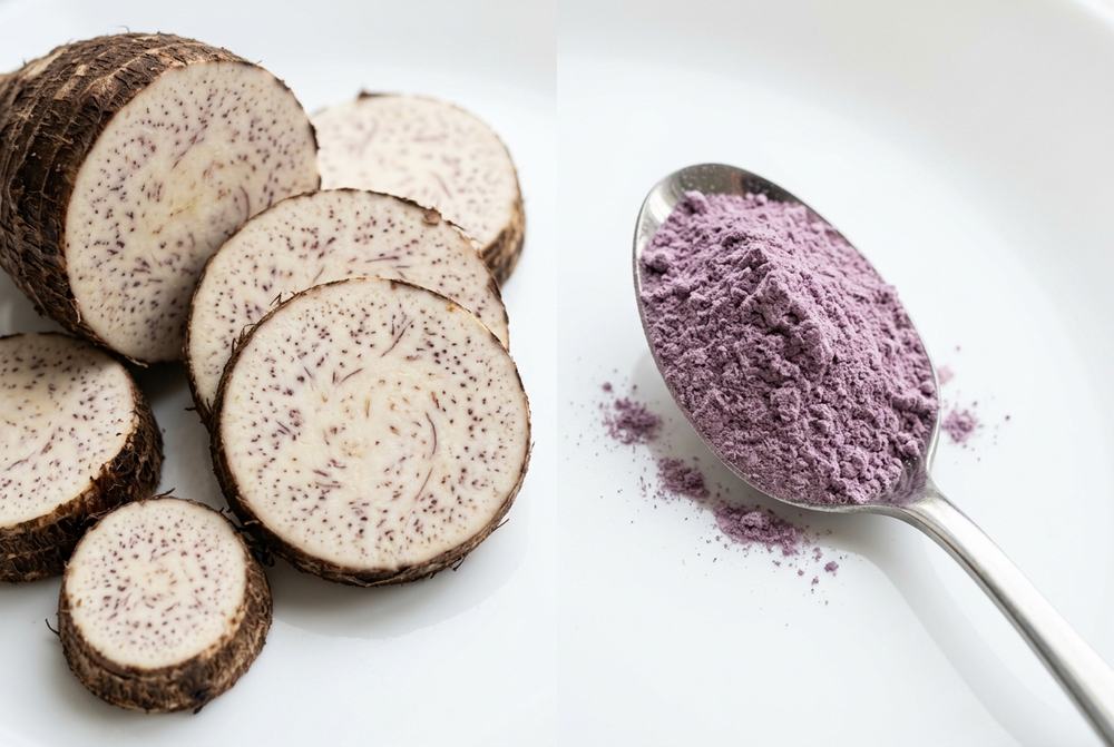 Fresh taro root beside taro powder for milk tea