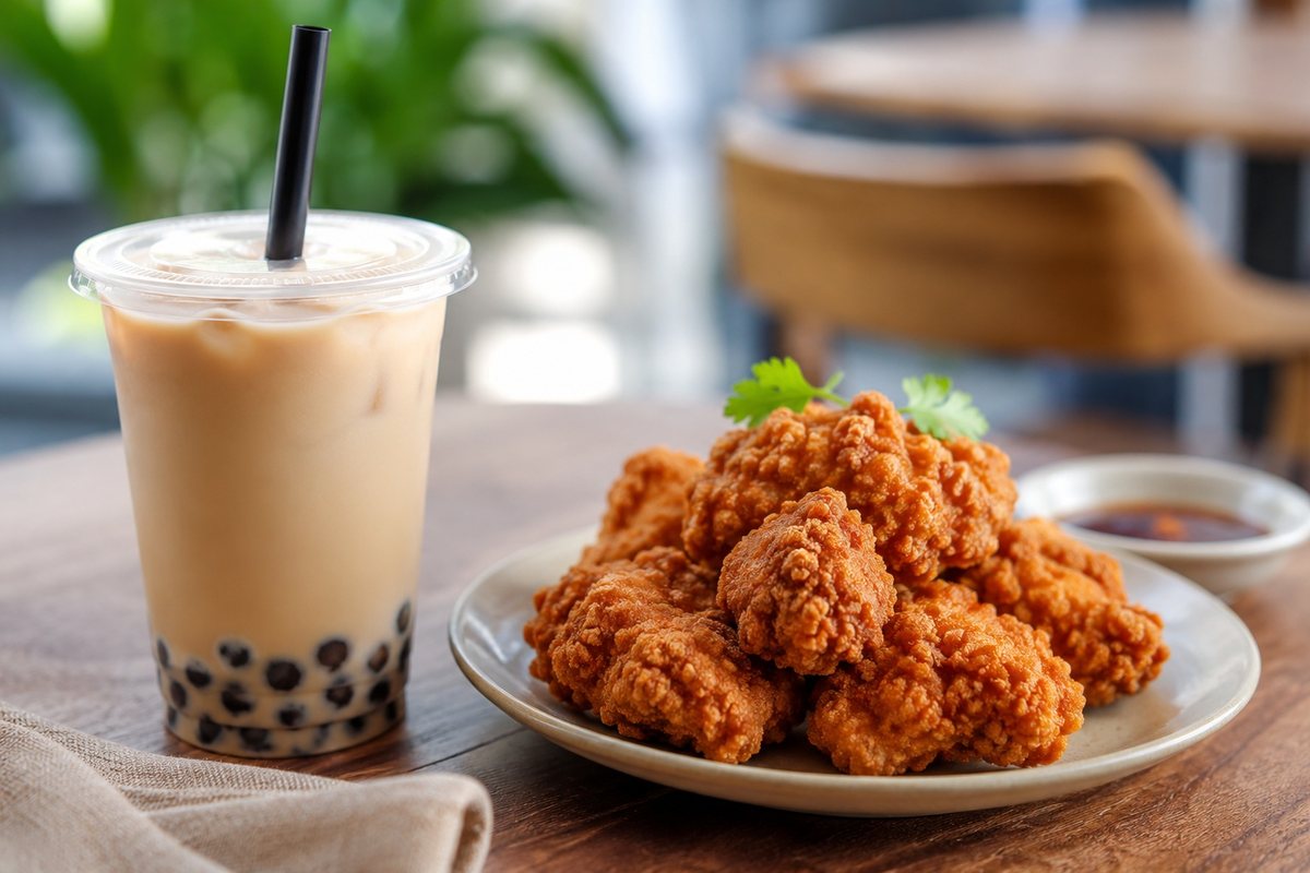 Fried chicken served next to a bubble tea cup.