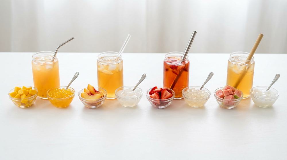 Fruit boba flavor pairings with tea bases and bubble tea toppings