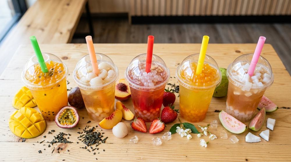Fruit bubble tea combinations with mango, peach, strawberry, lychee, and passion fruit