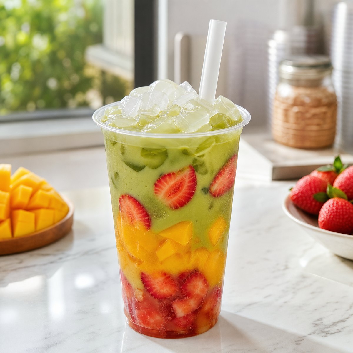 Fruit bubble tea with real fruit, green tea, ice, and aloe vera topping.