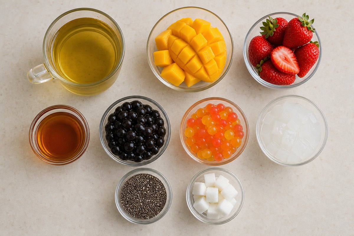Fruit bubble tea ingredients showing tea, fruit, syrup, toppings, and sugar.