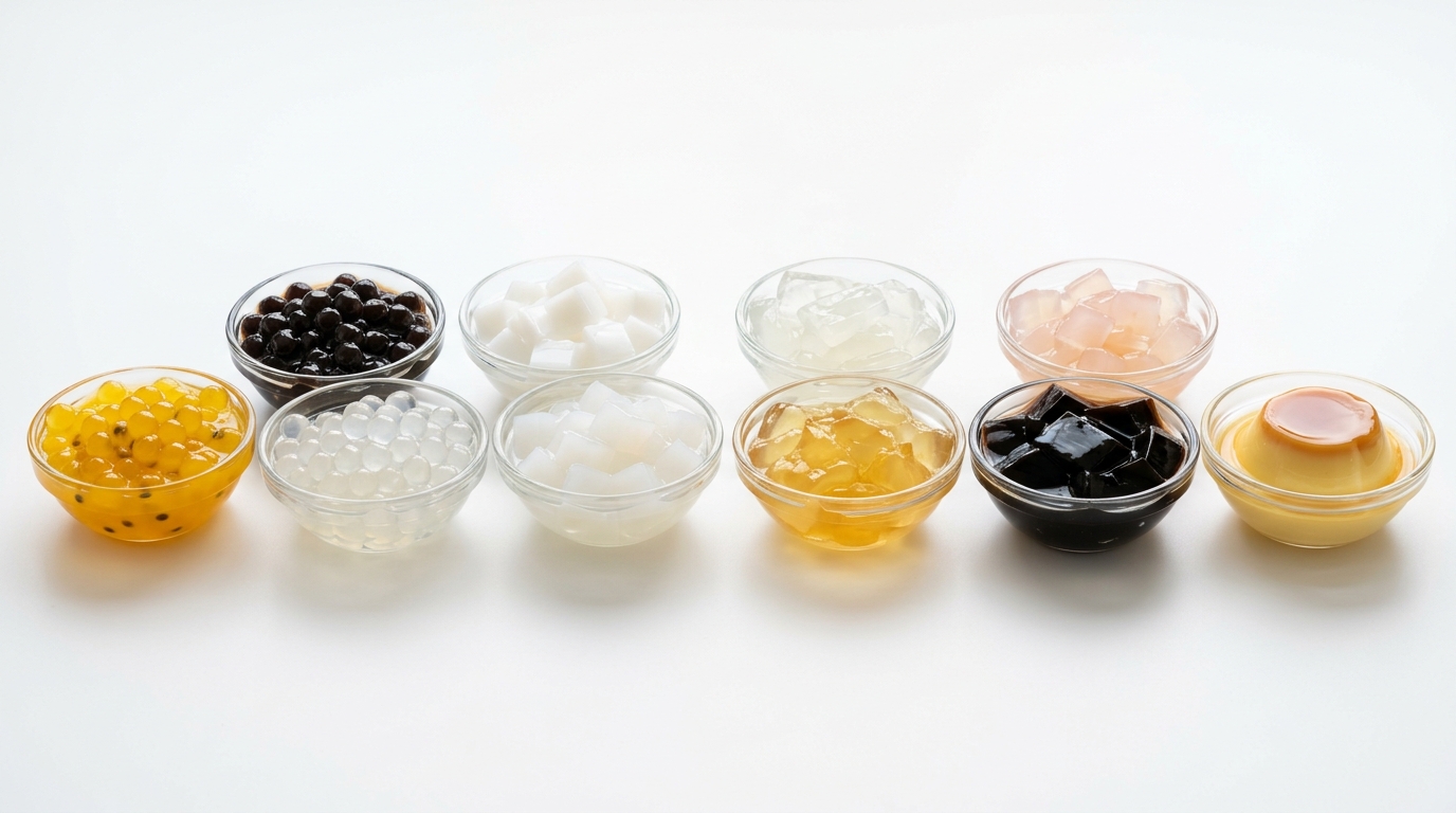 Popping boba, tapioca pearls, crystal boba, coconut jelly, aloe, and fruit jelly