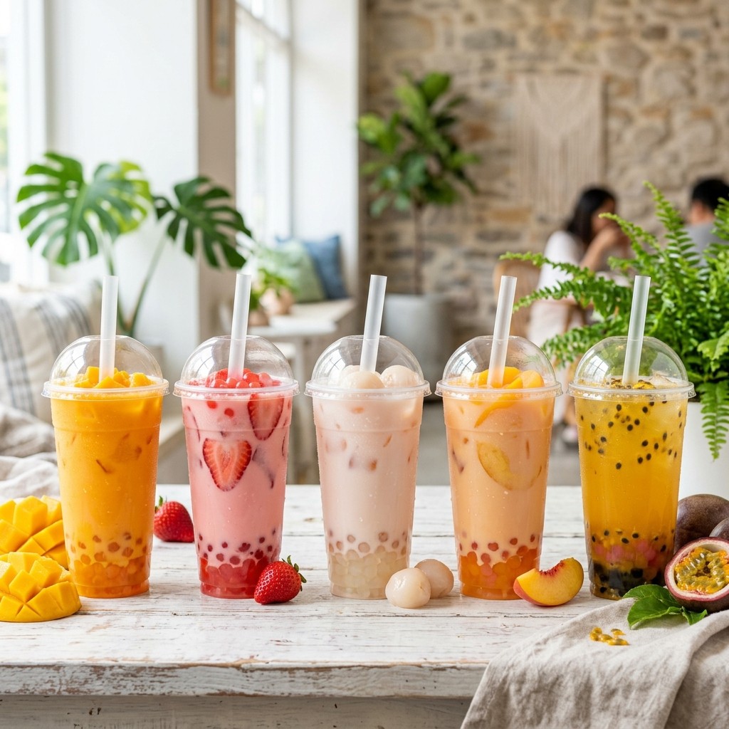 Mango, strawberry, lychee, peach, and passion fruit milk tea flavors