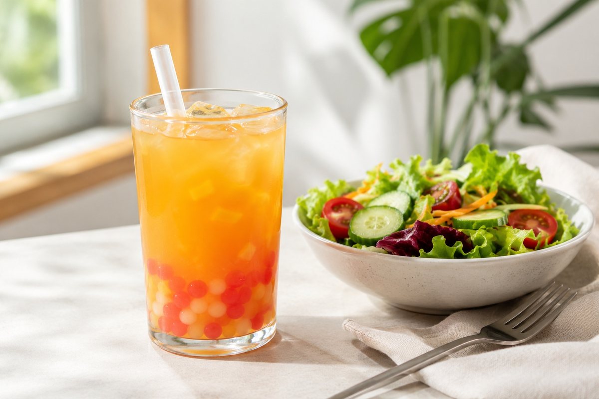 Fruit bubble tea served alongside a fresh salad.