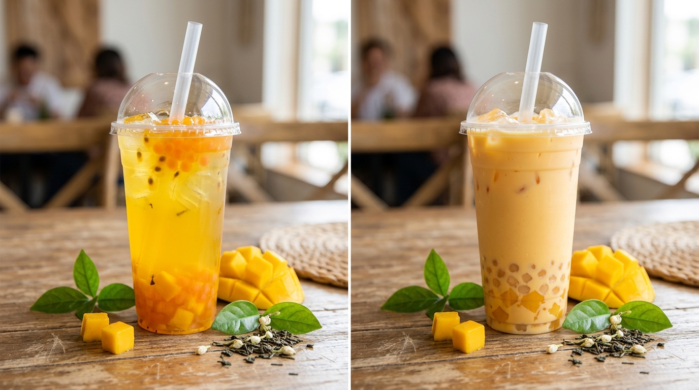 Mango fruit tea beside creamy mango fruit milk tea