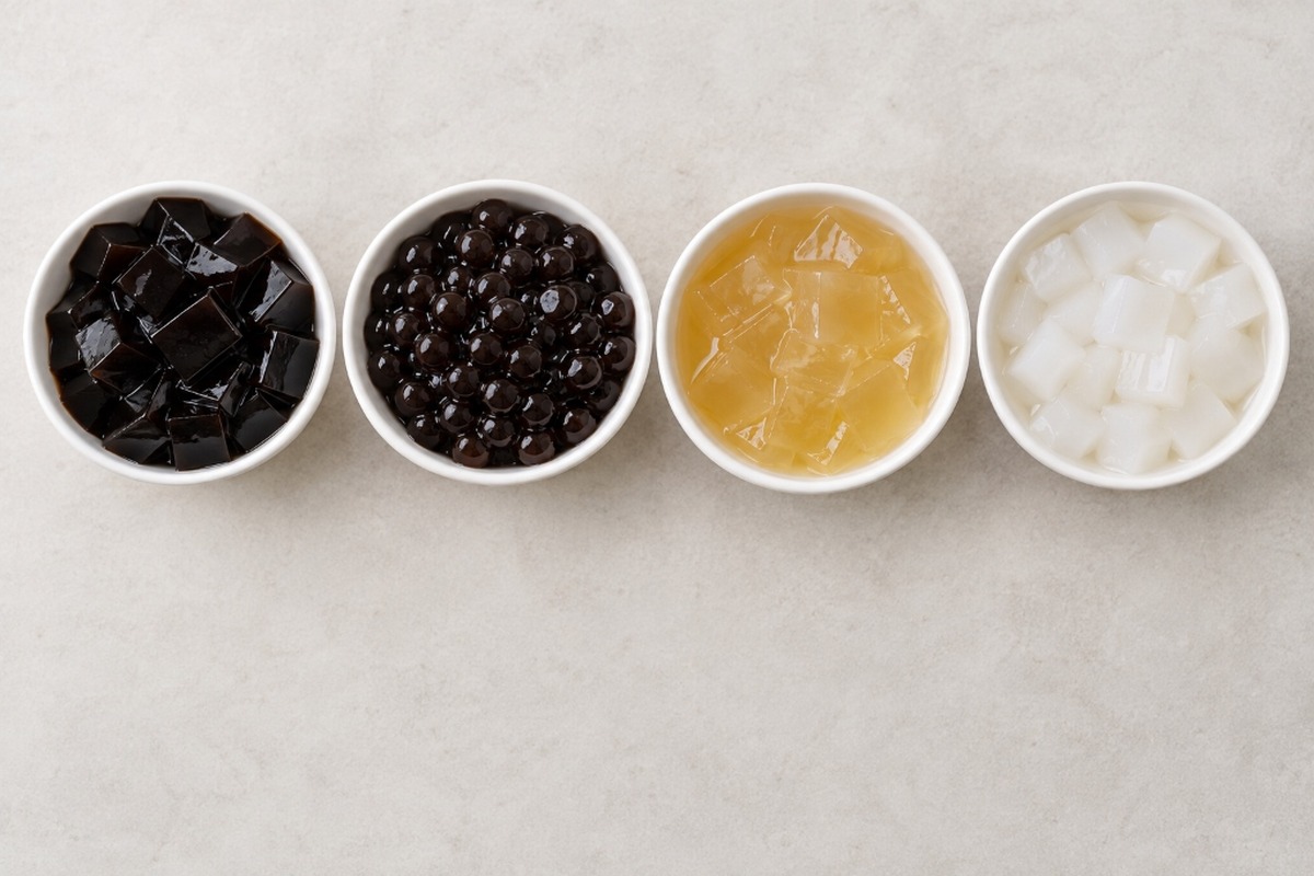 Grass jelly compared with tapioca pearls, aiyu jelly and nata de coco.