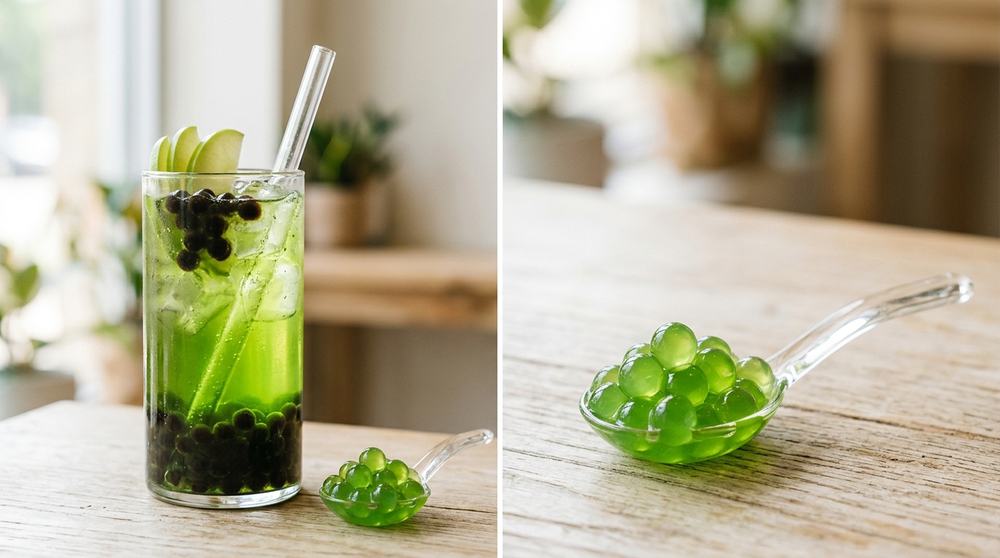 Green apple bubble tea beside green apple popping boba pearls.