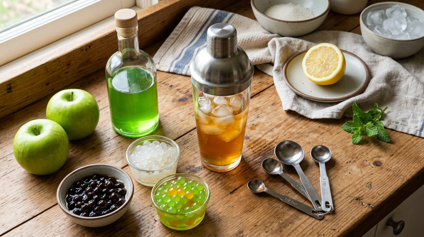 Ingredients for green apple boba including tea, apples, syrup, ice, and boba toppings.