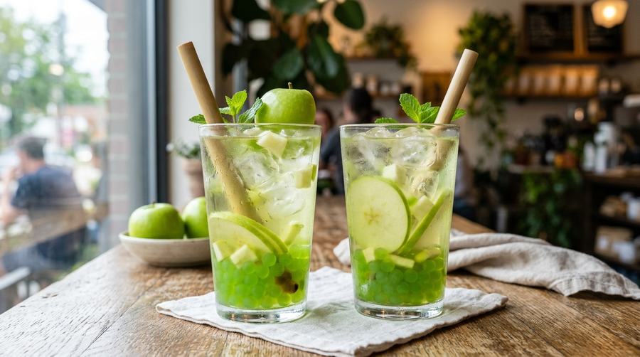 Two cups of green apple boba fruit tea with ice and green apple popping pearls.