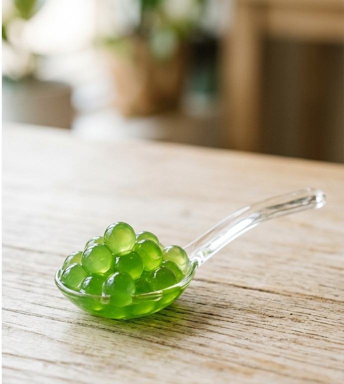 Green apple bubble tea with tapioca pearls in clear glass, featuring bright neon-green liquid and wide boba straw - 2025's trending bubble tea flavor