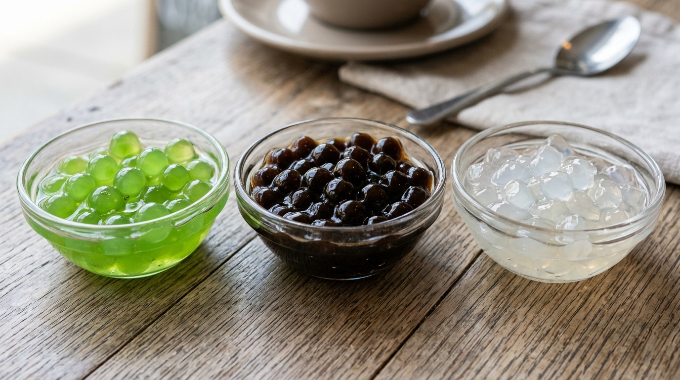 Green apple popping boba, tapioca pearls, and crystal boba in separate bowls.