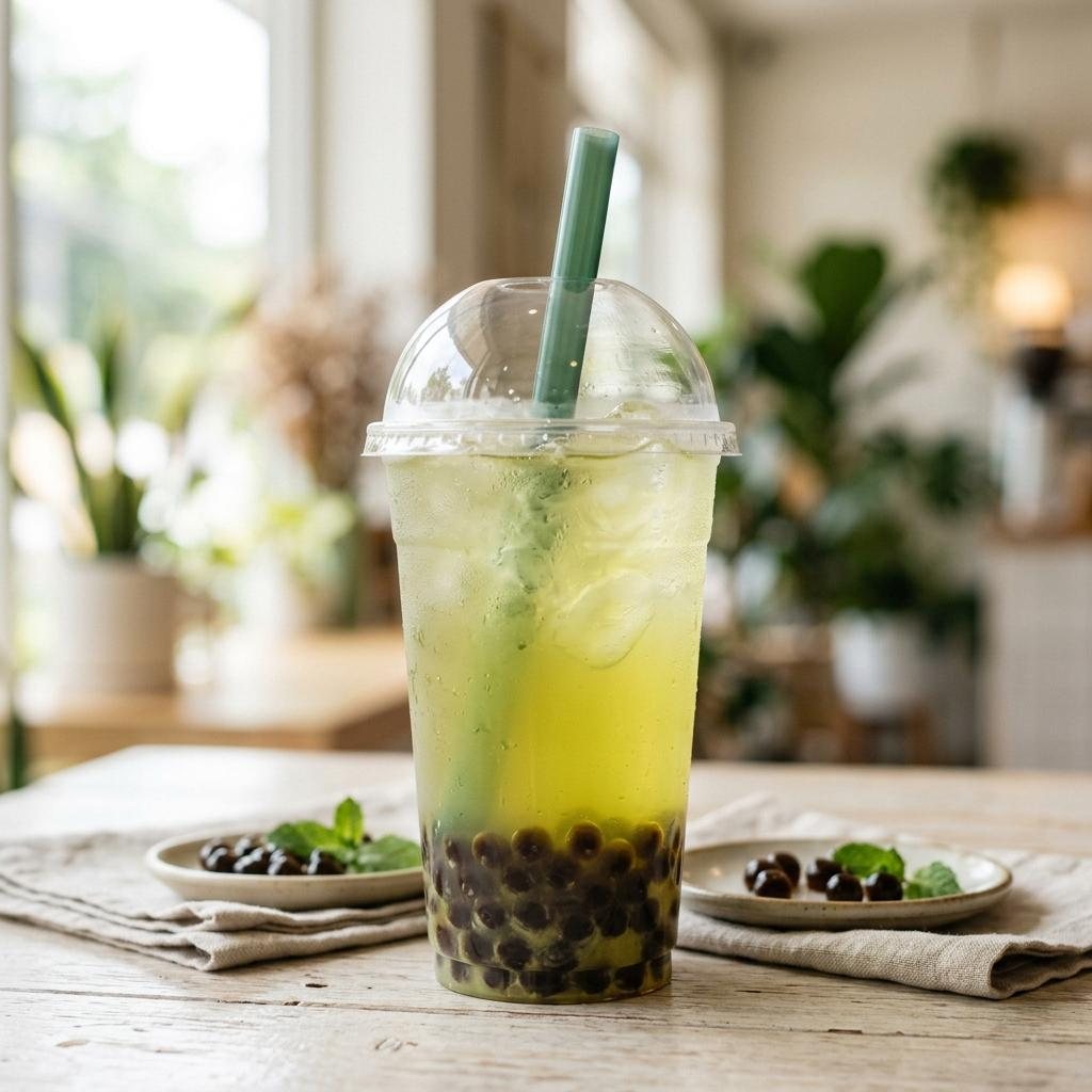 Green tea bubble tea used to compare calories from sugar, milk, and toppings.