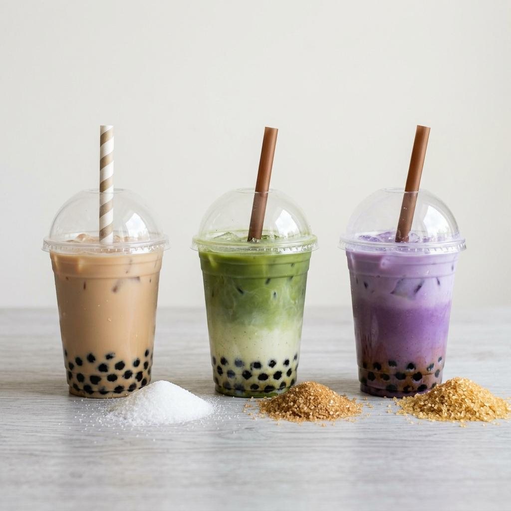 Green tea bubble tea cups showing different sugar levels.
