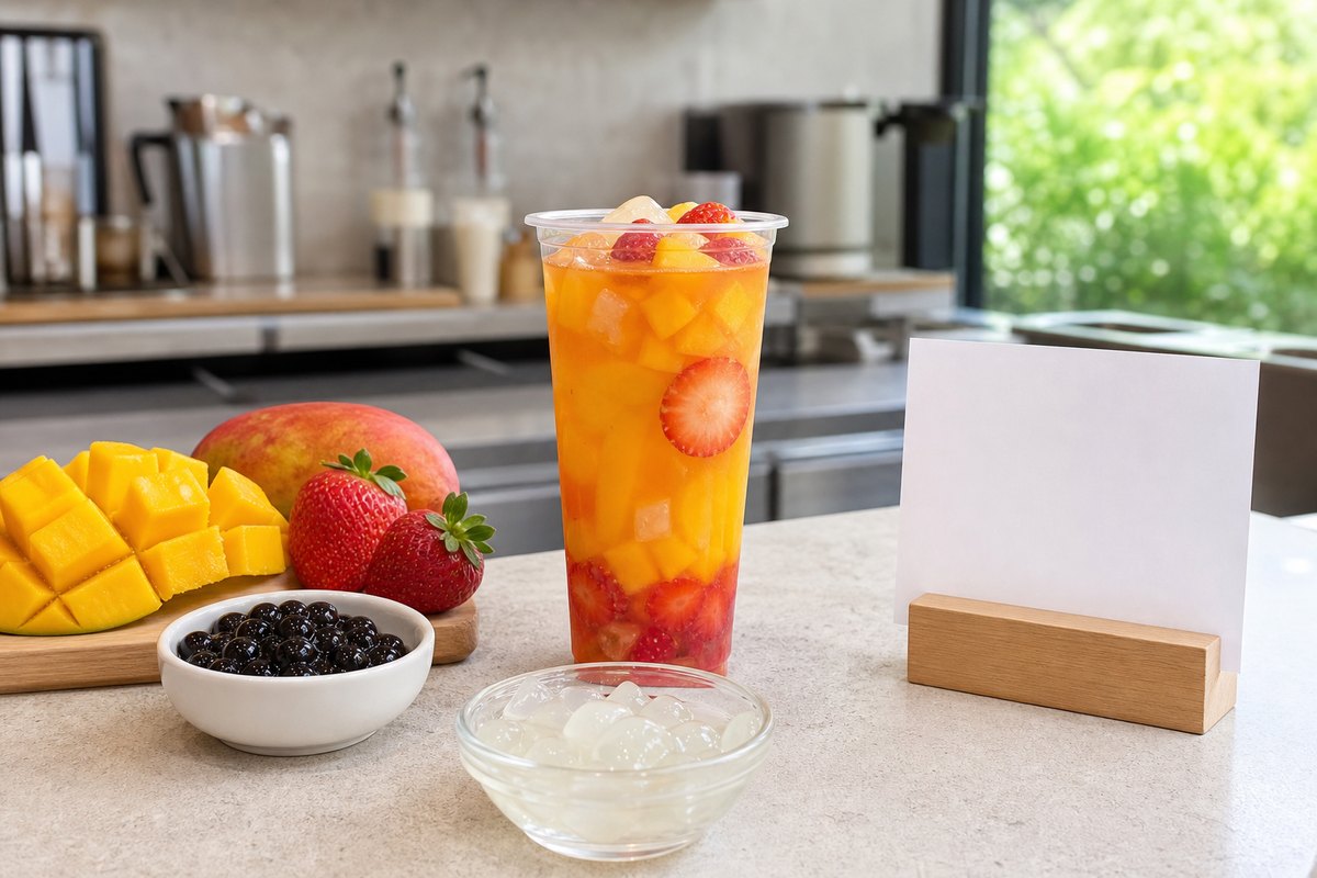 Fruit bubble tea order setup with toppings and fresh fruit.