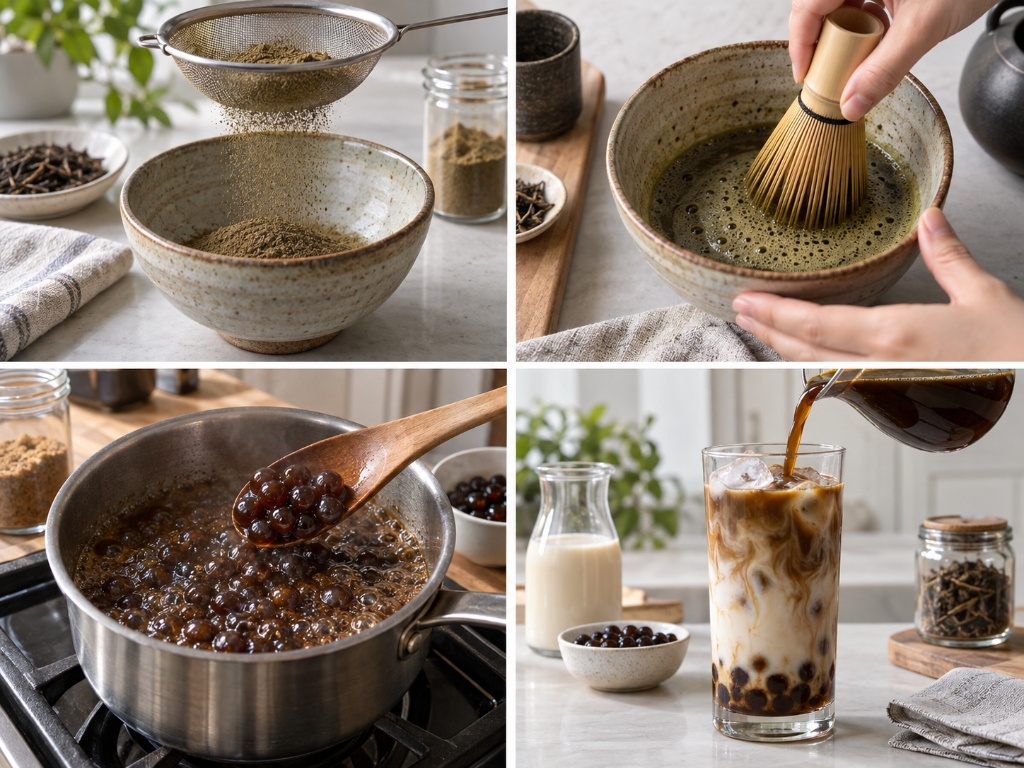 Four-panel process collage showing sifting hojicha powder, whisking with 80°C water, cooking brown sugar boba, and pouring milk tea layers