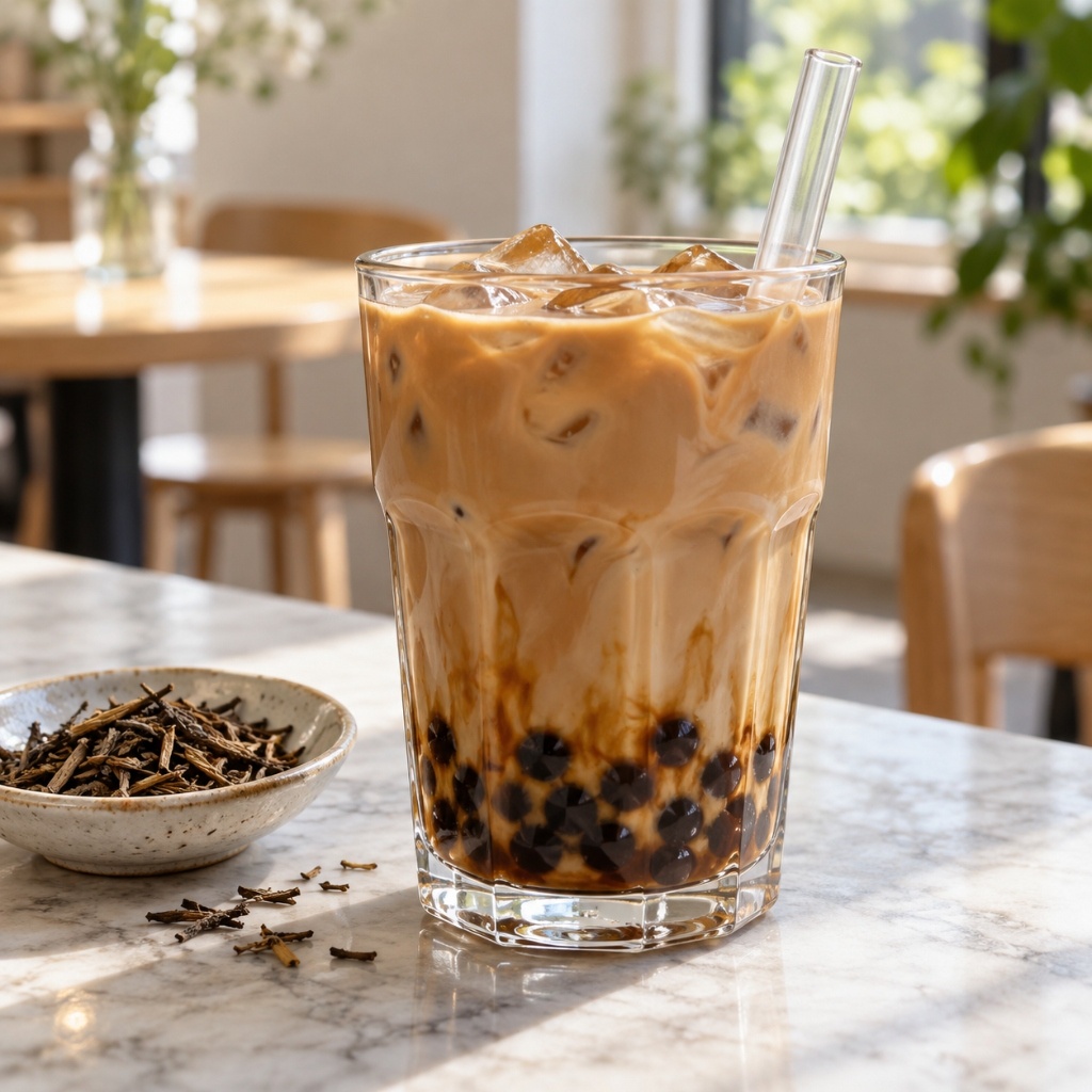 Square hojicha boba milk tea with chewy tapioca pearls thumbnail